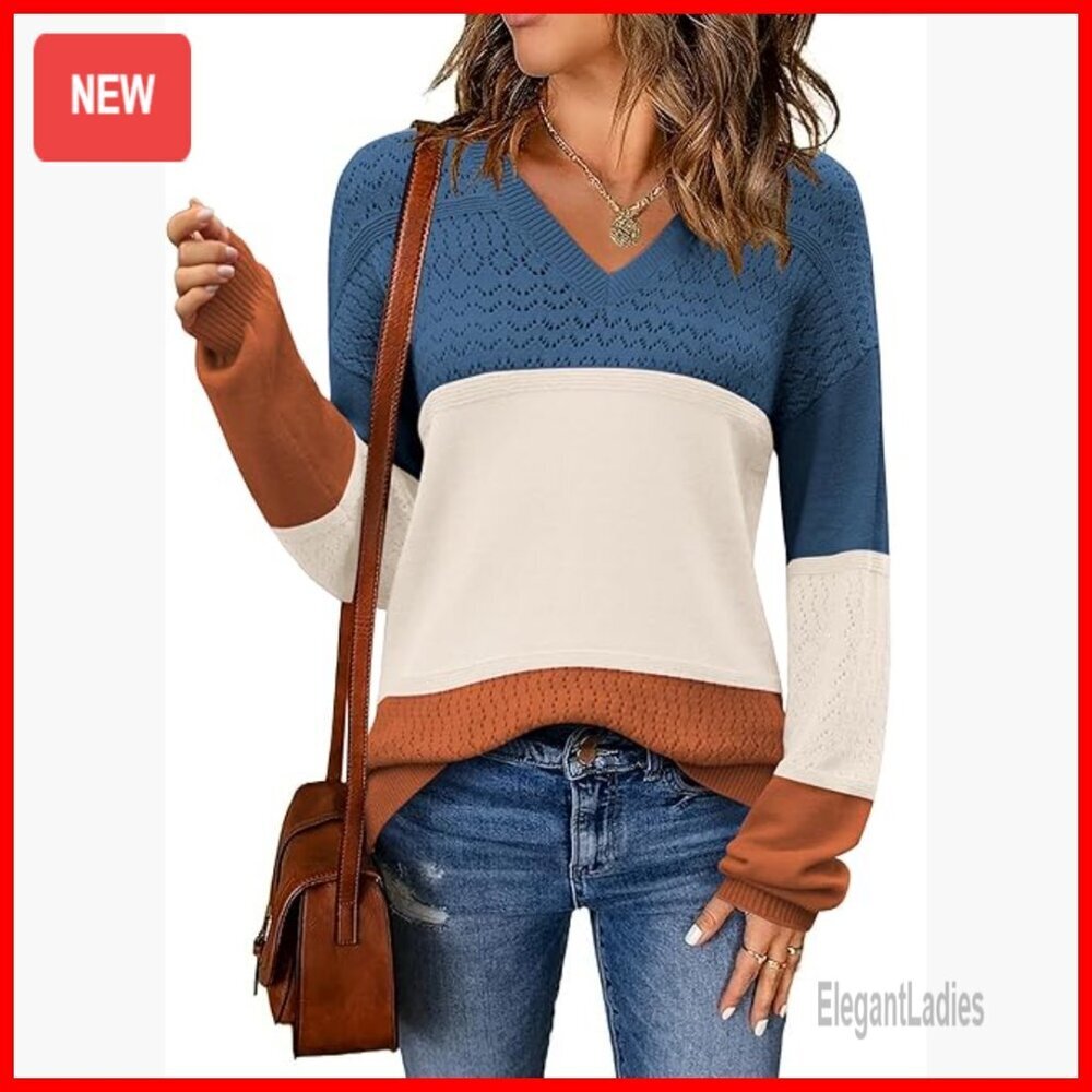 Lightweight Crochet Pullover Sweater V-Neck Ribbed Knit Casual Top